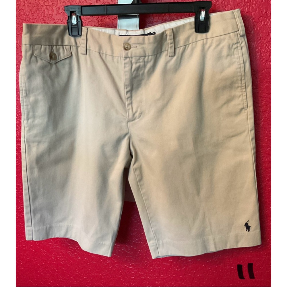 Ralph Lauren Sport Mens Khaki Chino Shorts Tan Cotton Twill Size 14 Flat Front